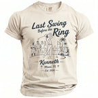 T-shirt with "Last Swing Before the Ring, Kenneth, Miami, FL Est. 2026" graphic.
