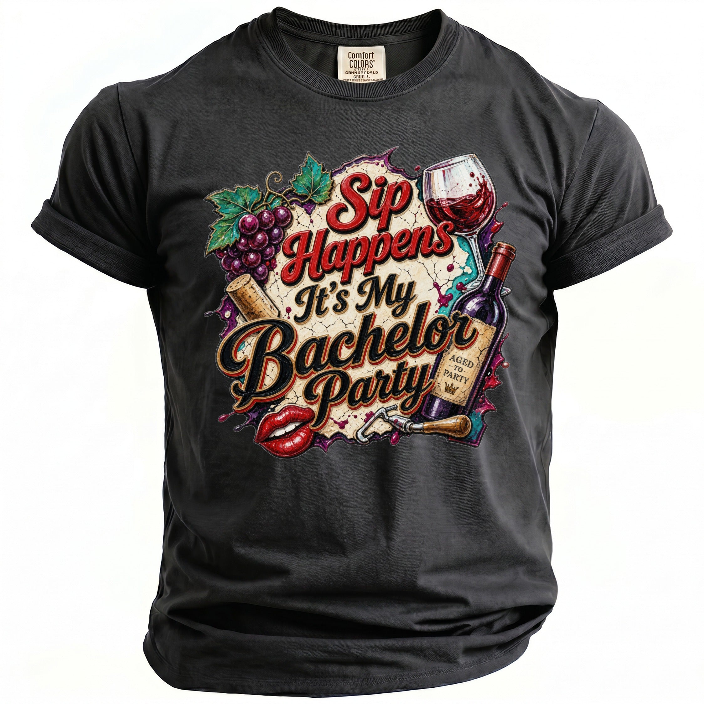 Dark grey t-shirt with "Sip Happens It's My Bachelor Party" graphic and wine imagery.