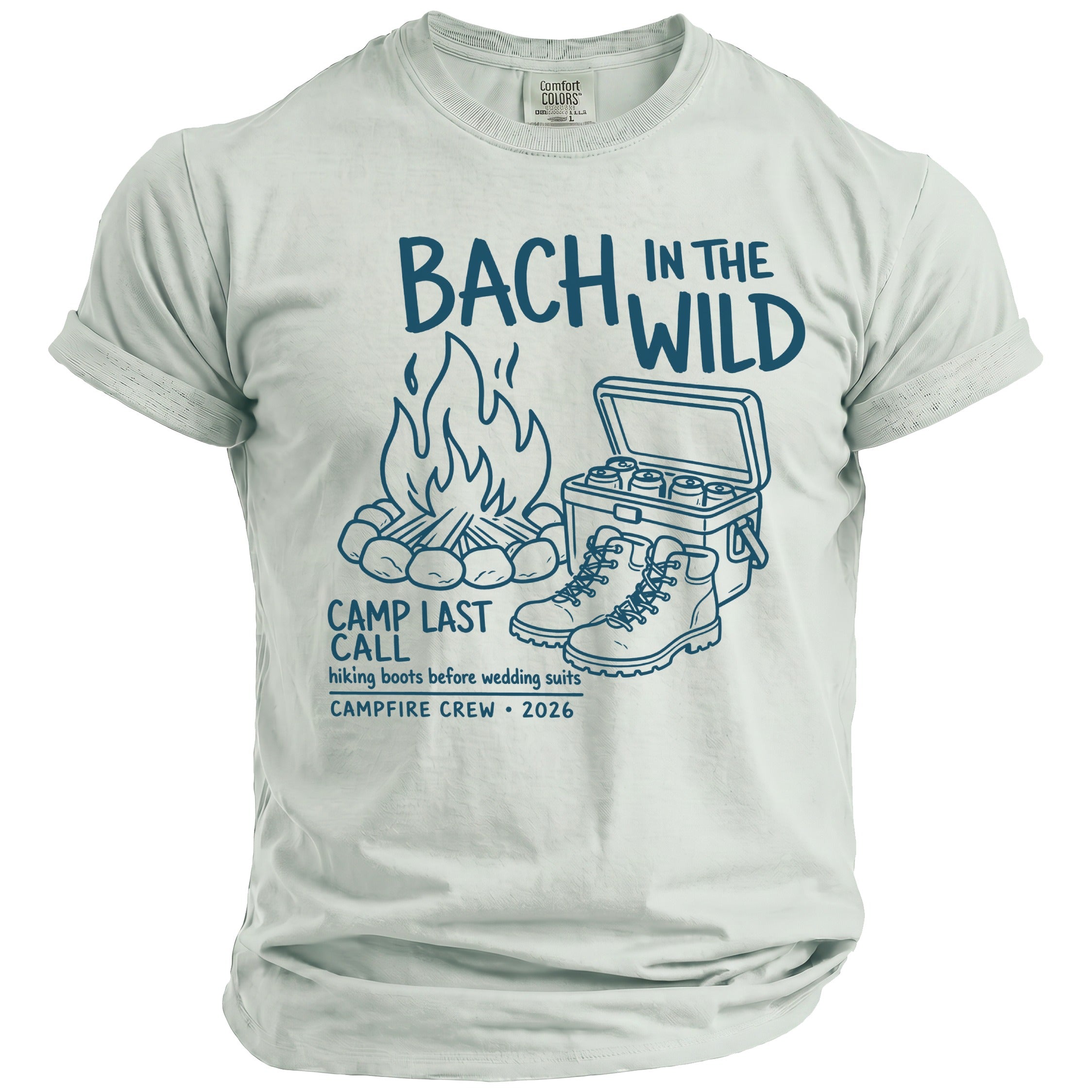 T-shirt with campfire, cooler, and boots graphic reading "Bach in the Wild"