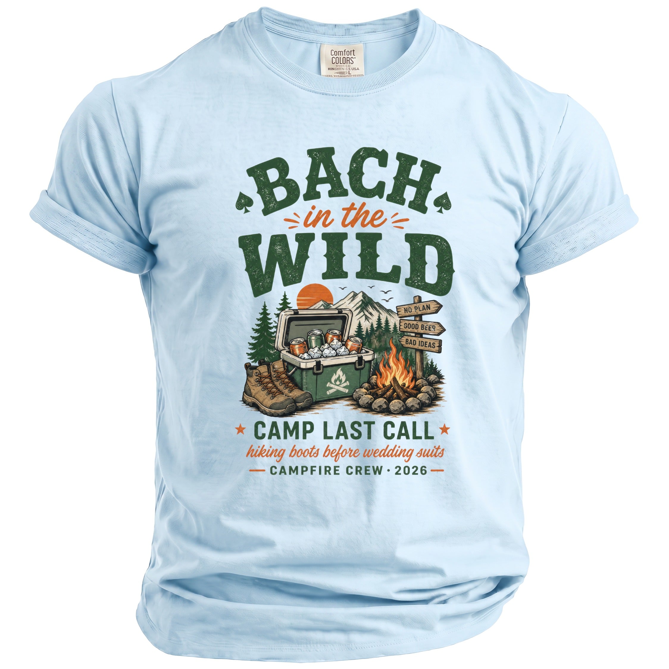 Light blue t-shirt with "Bach in the Wild" text and camping graphics.