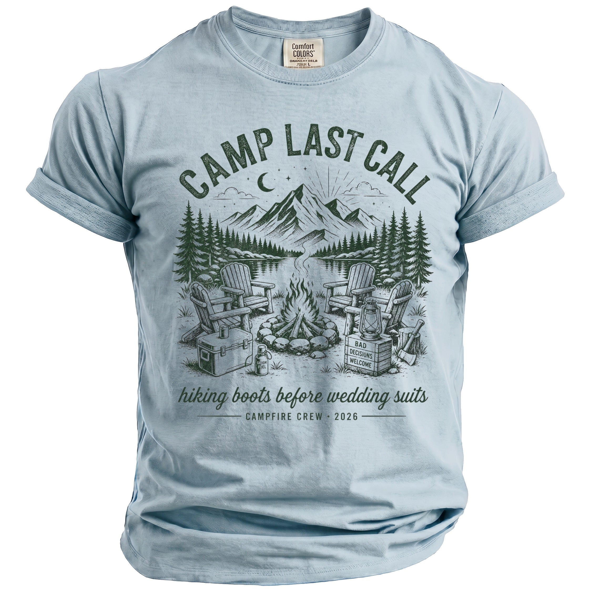 Light blue t-shirt with "Camp Last Call" graphic featuring campfire and mountains.