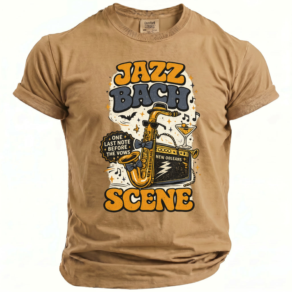 Tan t-shirt with "Jazz Bach Scene" text, saxophone, amp, and martini.
