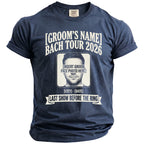 Navy t-shirt with "Groom's Name Bach Tour 2026" and customizable photo space.