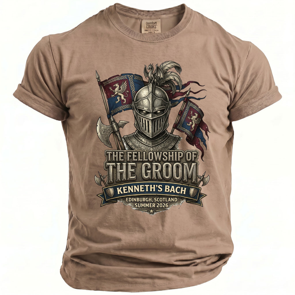 The Fellowship of the Groom t-shirt features a knight, axes, and banners with text.