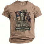 The Fellowship of the Groom t-shirt features a knight, axes, and banners with text.