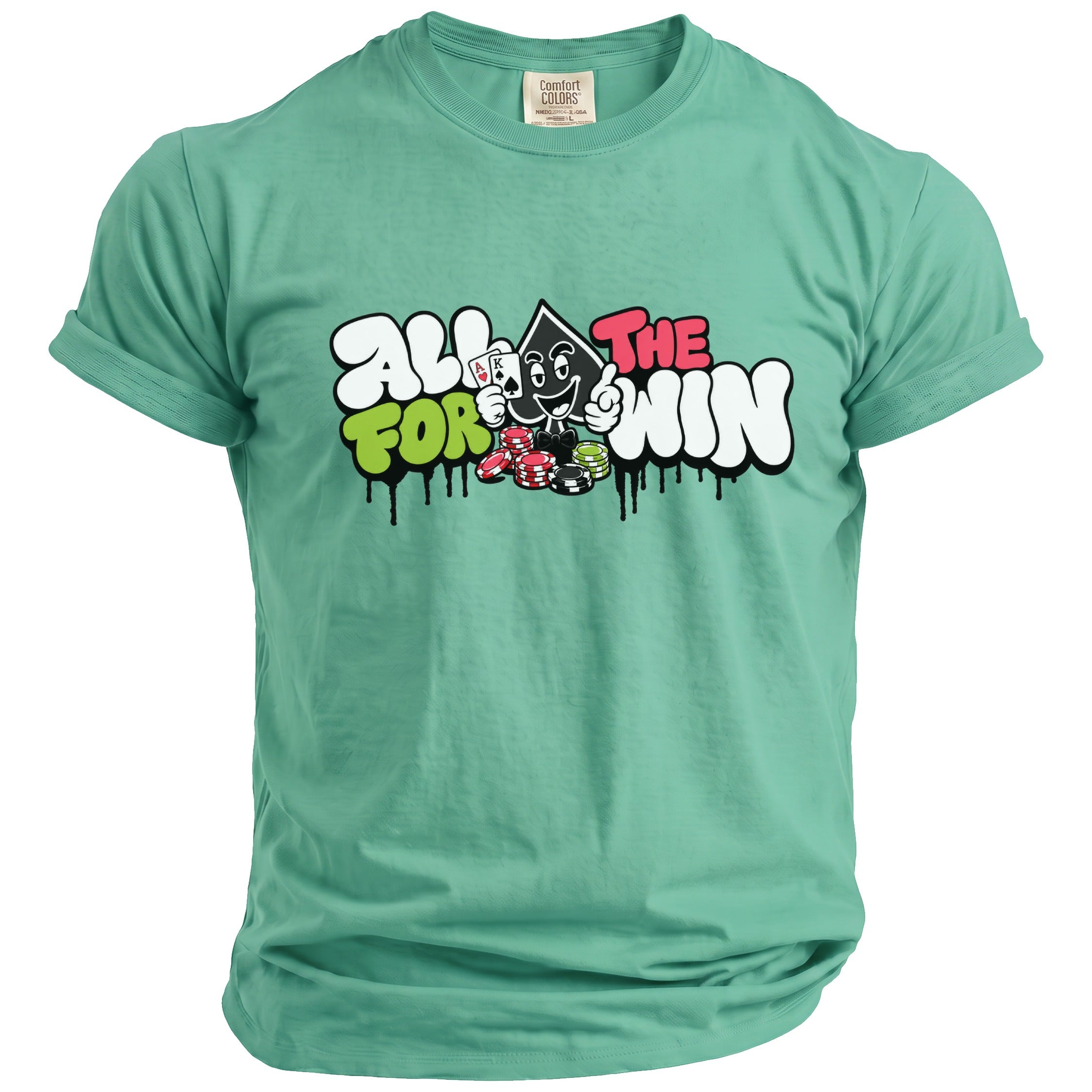 Green t-shirt with "ALL FOR THE WIN" text, a cartoon playing card character, and poker chips.