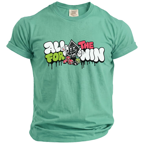 Green t-shirt with "ALL FOR THE WIN" text, a cartoon playing card character, and poker chips.