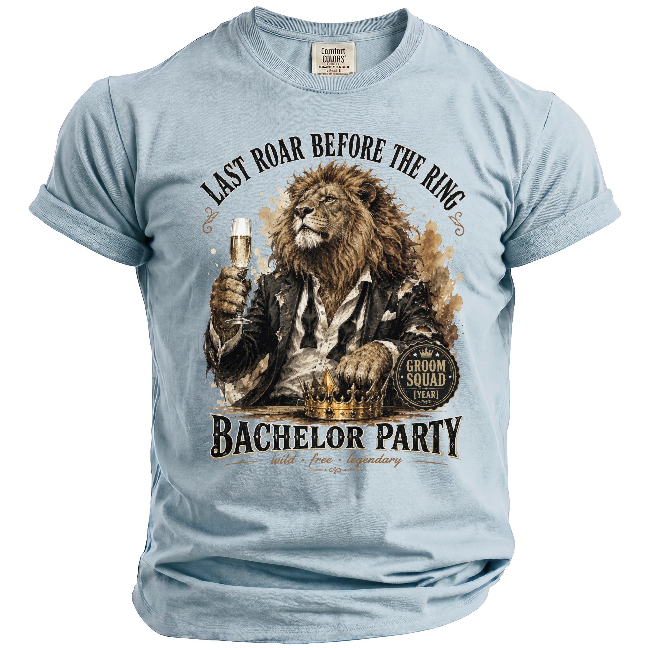 Light blue t-shirt with lion in suit holding champagne for "Bachelor Party".