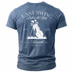 Blue t-shirt back with white graphic: golf bag, clubs, "Last Swing Before the Ring", "EST. 2026", "Kenneth", "MIAMI, FL".