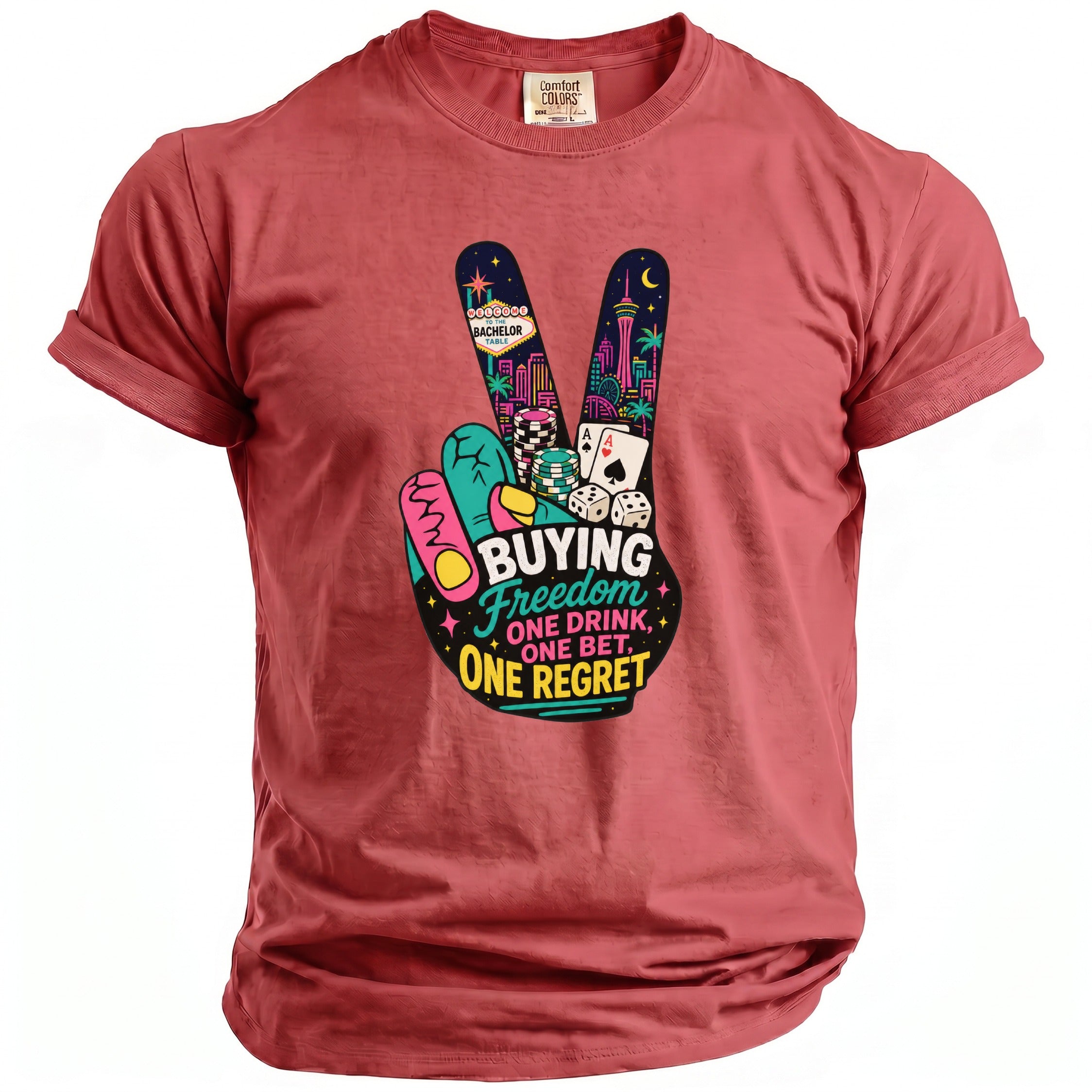 Red t-shirt with peace sign graphic featuring Vegas landmarks, dice, and cards.