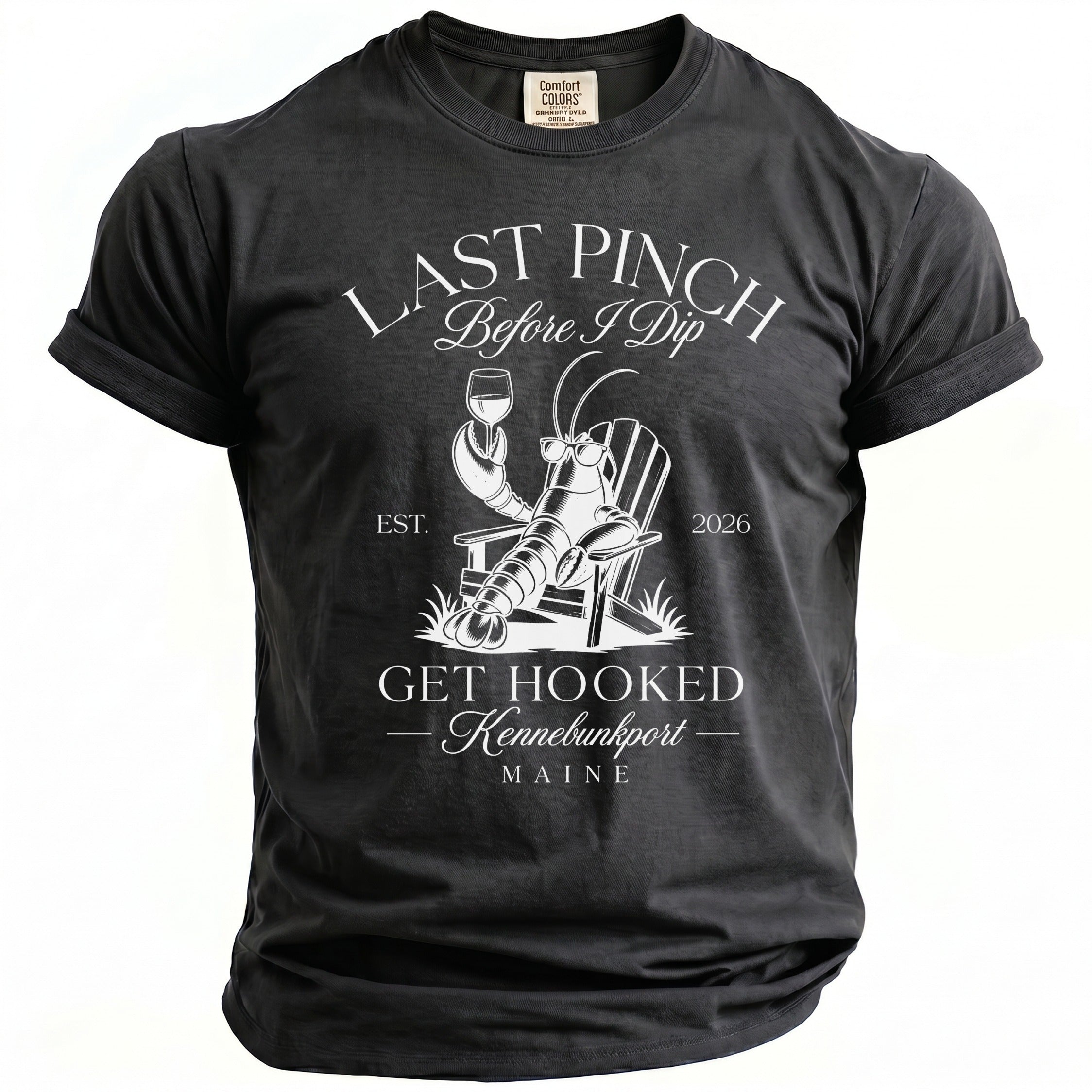 Gray t-shirt with "Last Pinch Before I Dip" and lobster graphic.