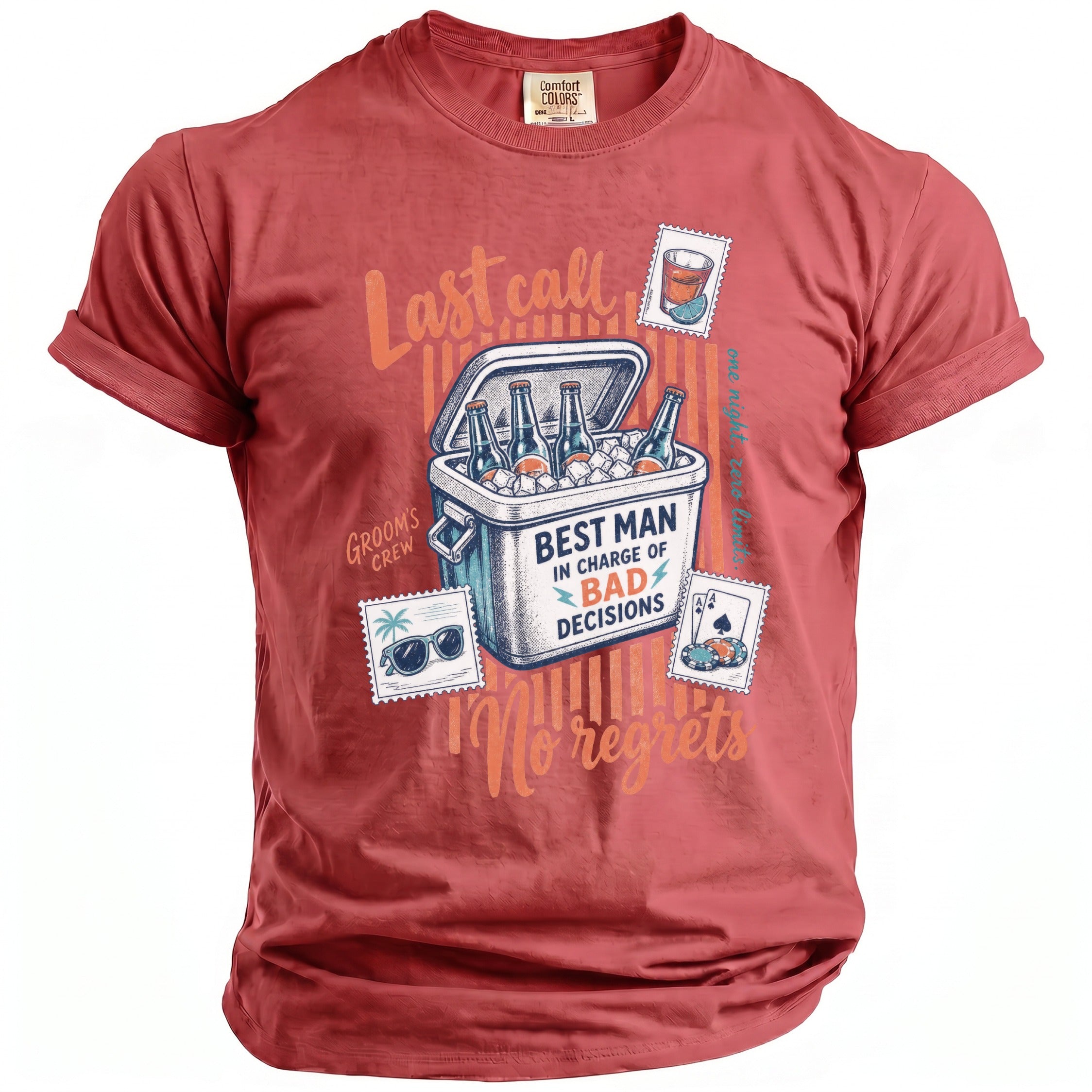 Red t-shirt with "Last call," a cooler of beer, and "Best man in charge of bad decisions" graphic.