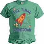 T-shirt with a rocket, palm trees, starfish, and text: "The Final Countdown Summer 2026 Malibu, CA"