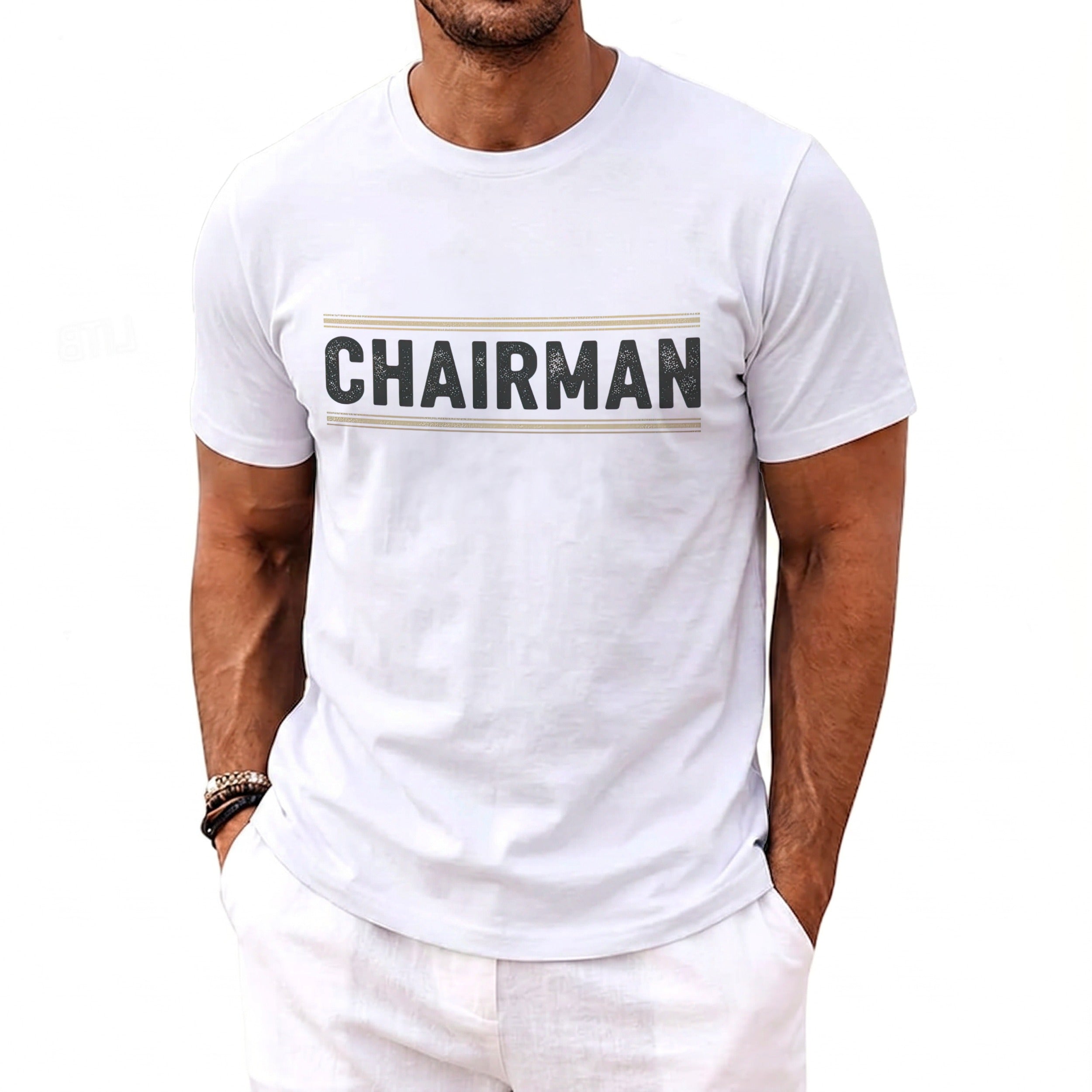 White t-shirt with "CHAIRMAN" text and gold stripes across the chest.