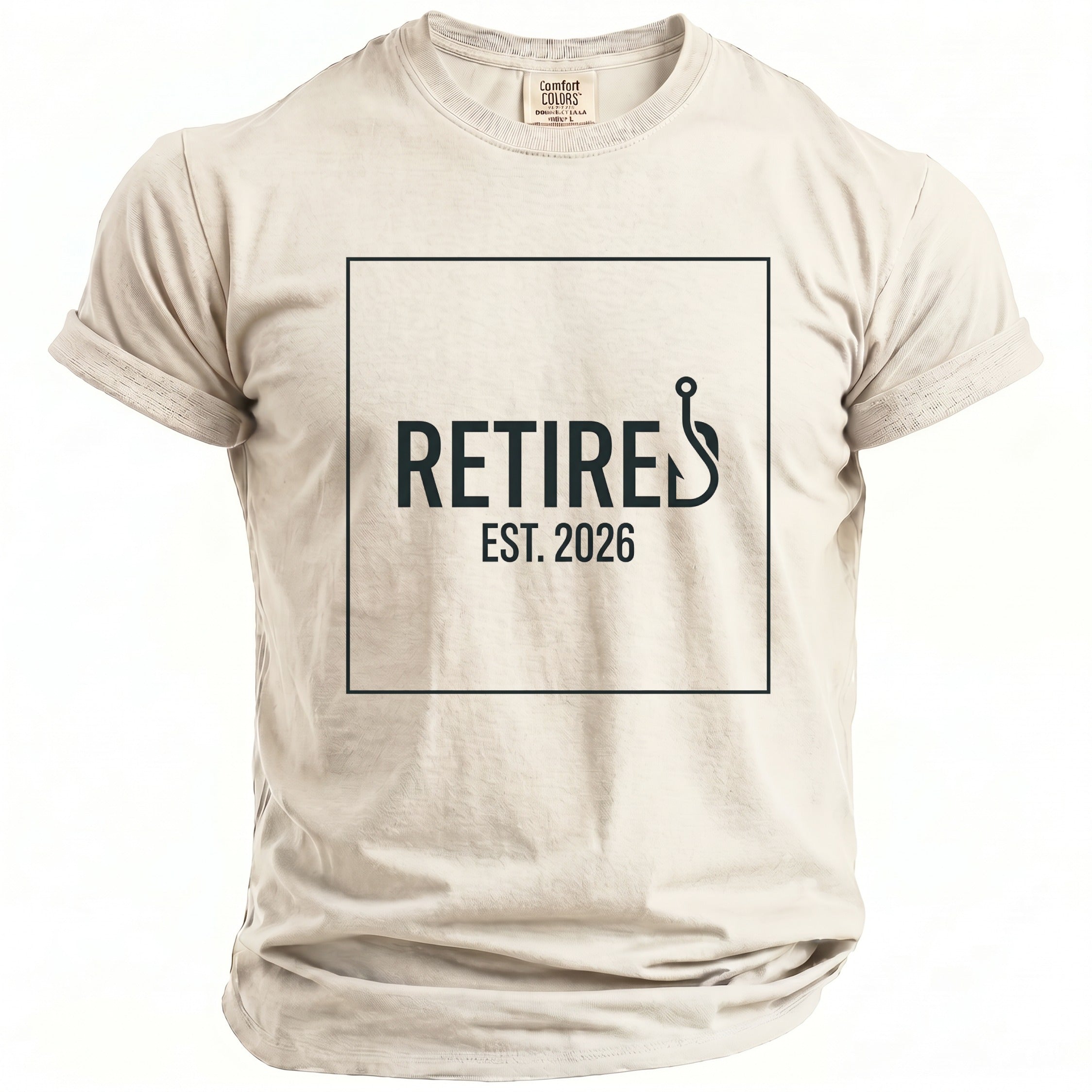 Light beige t-shirt with "RETIRED EST. 2026" text and fishing hook graphic.