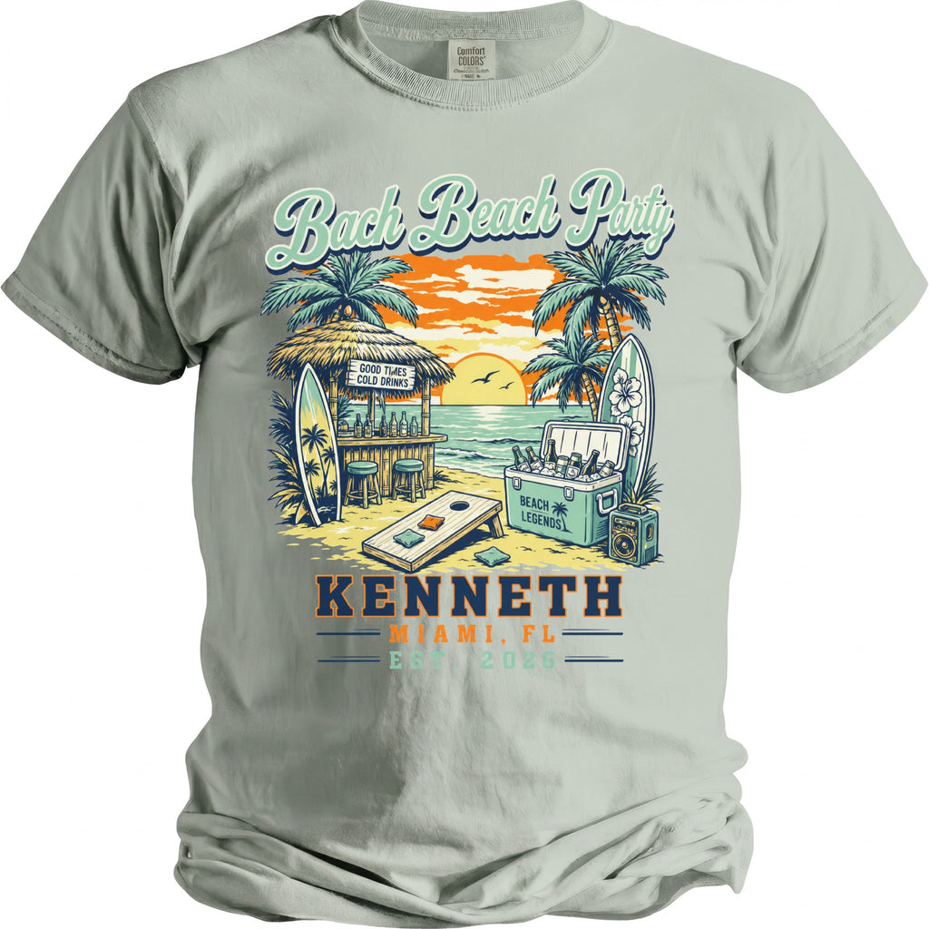 T-shirt with beach party graphic, surfboards, cooler, cornhole, and "Kenneth Miami, FL" text.