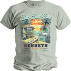 T-shirt with beach party graphic, surfboards, cooler, cornhole, and "Kenneth Miami, FL" text.