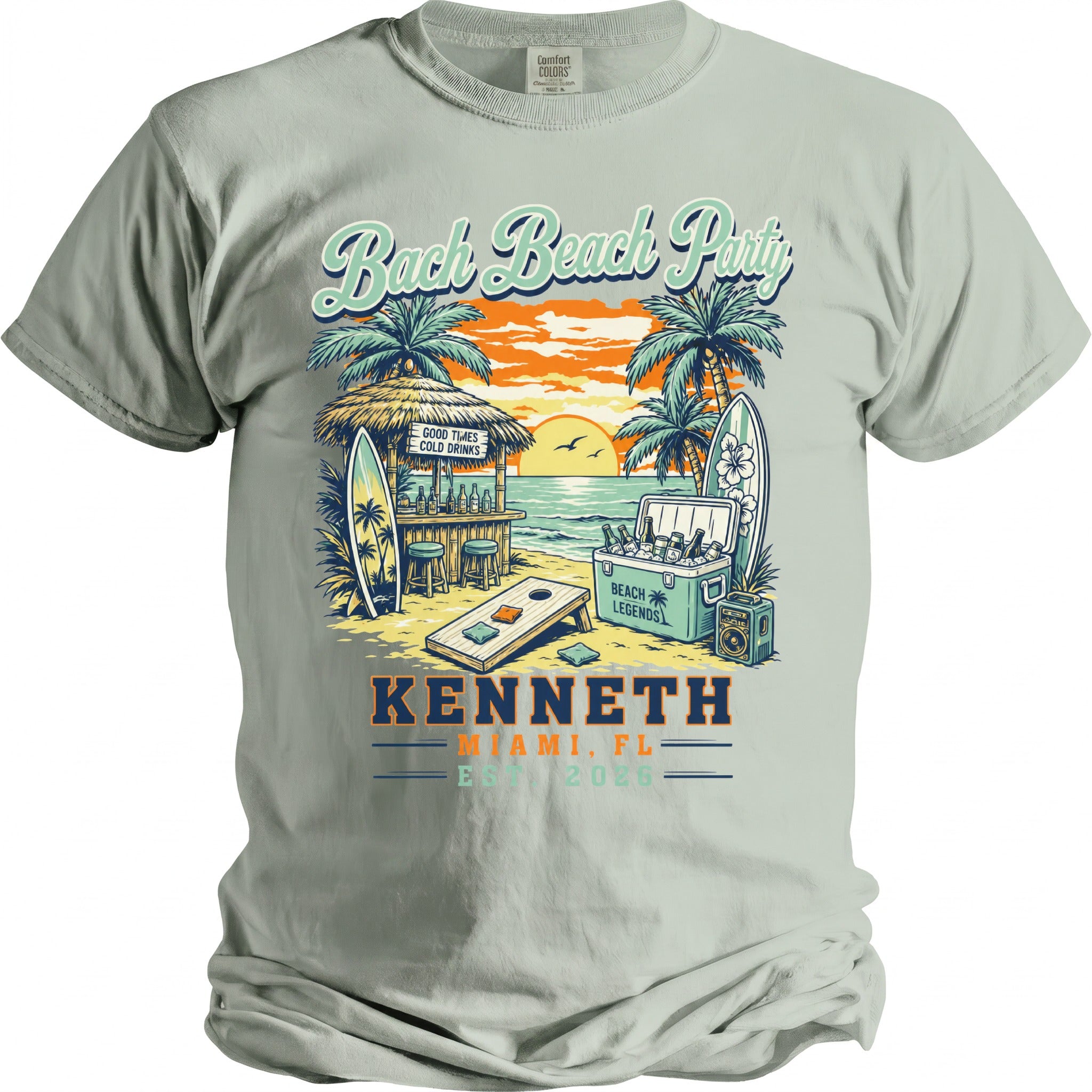 T-shirt with beach party graphic, surfboards, cooler, cornhole, and "Kenneth Miami, FL" text.