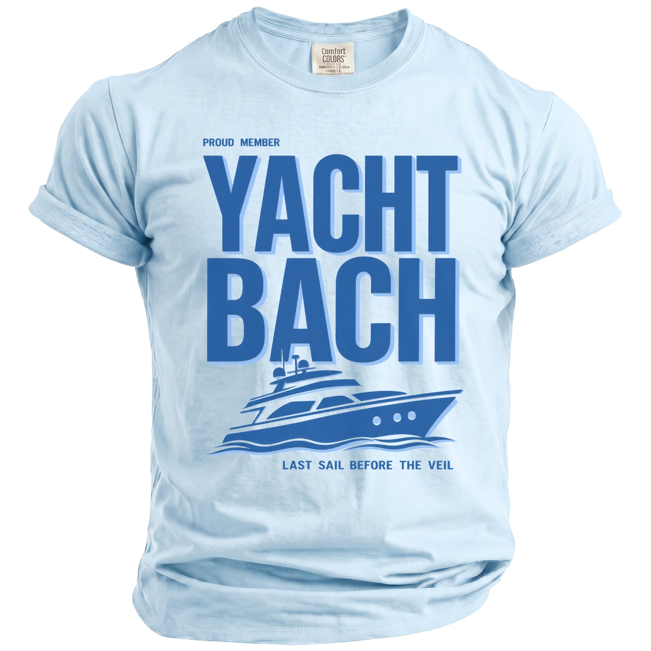 Light blue t-shirt with "Proud Member Yacht Bach" and a yacht graphic.