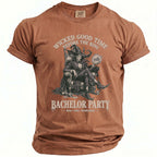 Brown t-shirt with "Wicked Good Time Before The Ring Bachelor Party" graphic.