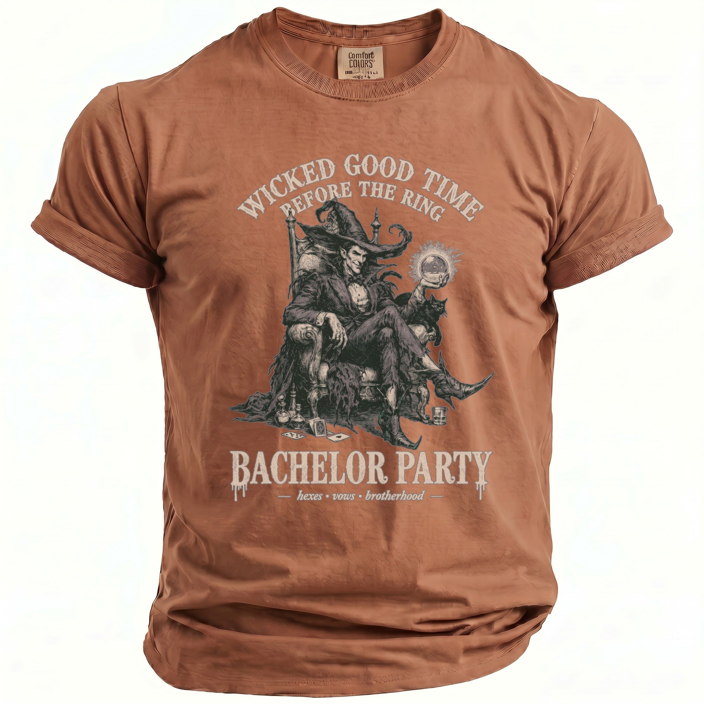 Brown t-shirt with "Wicked Good Time Before The Ring Bachelor Party" graphic.