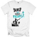 White t-shirt with black and teal text and graphic of a child painting stars.