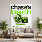 Chase's Bach banner with disco ball, computer window, and text Ibiza, Spain summer 2026.
