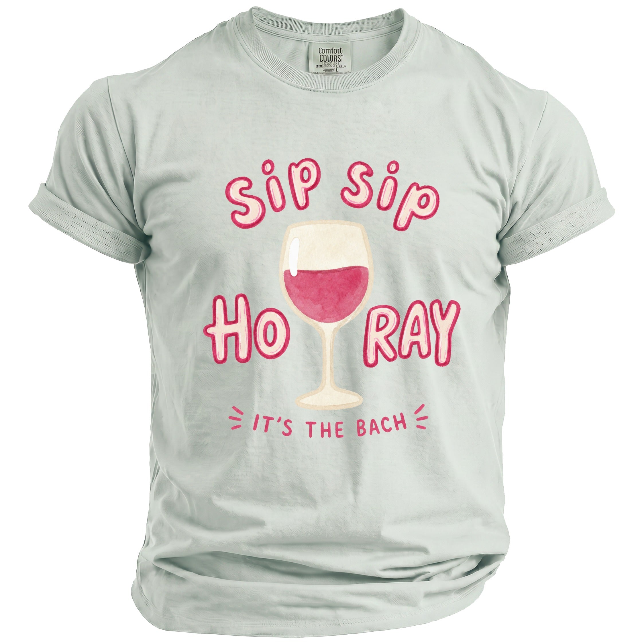 T-shirt with "sip sip ho ray" and wine glass graphic.