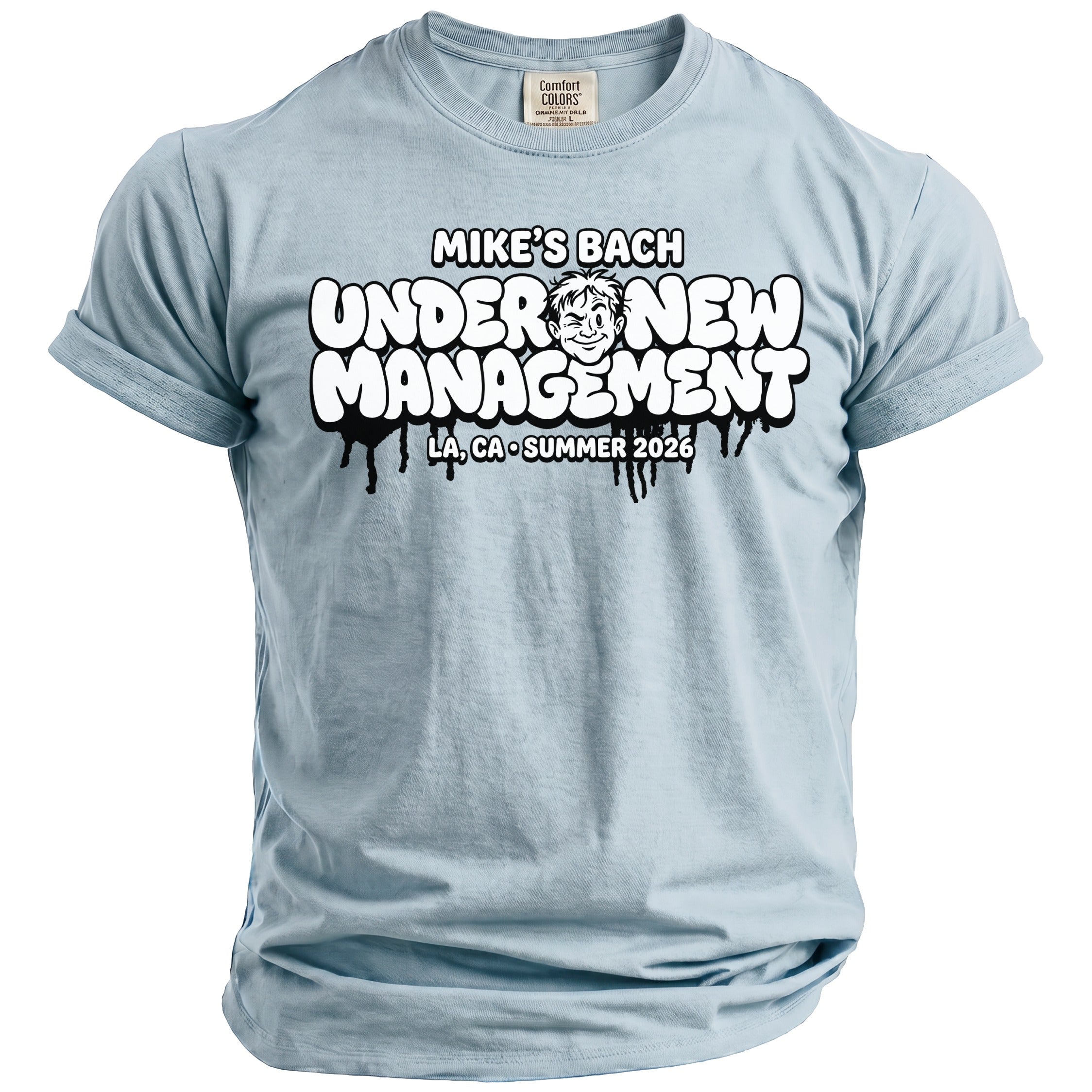 Light blue t-shirt with "Mike's Bach Under New Management LA, CA Summer 2026" text.
