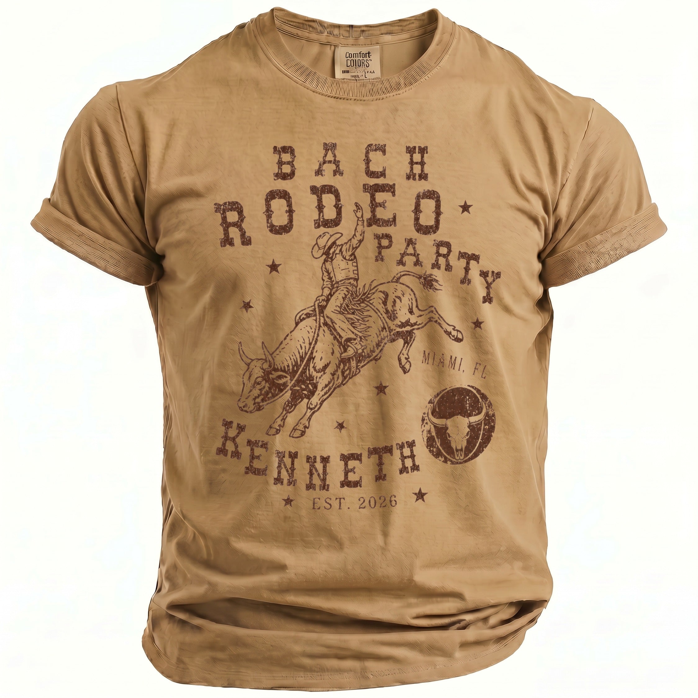Tan t-shirt with "Bach Rodeo Party Miami, FL Kenneth Est. 2026" graphic.