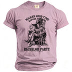 T-shirt featuring a gothic illustration of a man on a throne with "Wicked Good Time Before The Ring" and "Bachelor Party".