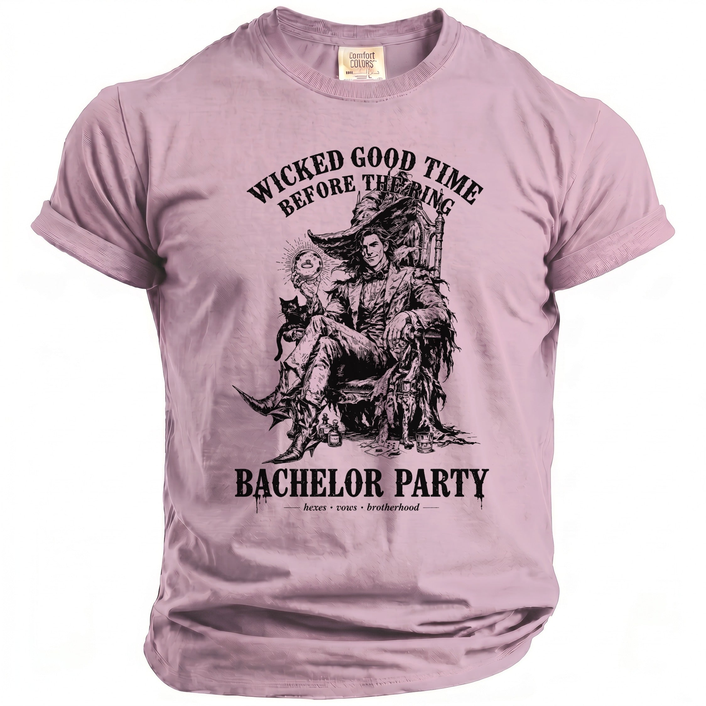 T-shirt featuring a gothic illustration of a man on a throne with "Wicked Good Time Before The Ring" and "Bachelor Party".