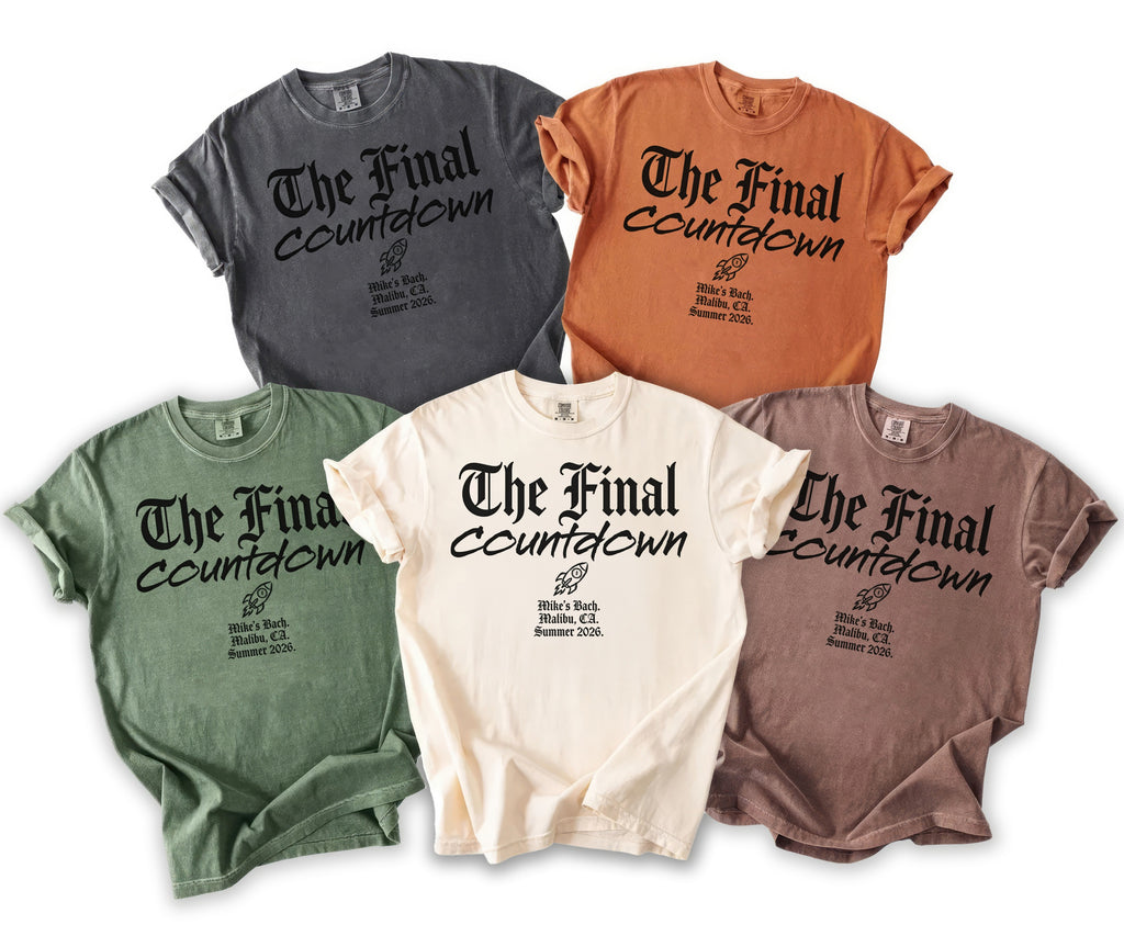 Five t-shirts in various colors with "The Final Countdown" graphic.