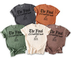 Five t-shirts in various colors with "The Final Countdown" graphic.