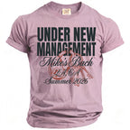 Pink t-shirt with "UNDER NEW MANAGEMENT Mike's Bach L.A. CA Summer 2026" text.