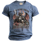 Blue t-shirt with a dragon in armor, holding a sword and beer. Text reads "Fire Before Forever", "[Name]'s Bach", "Groom Squad", and "Bachelor Party".