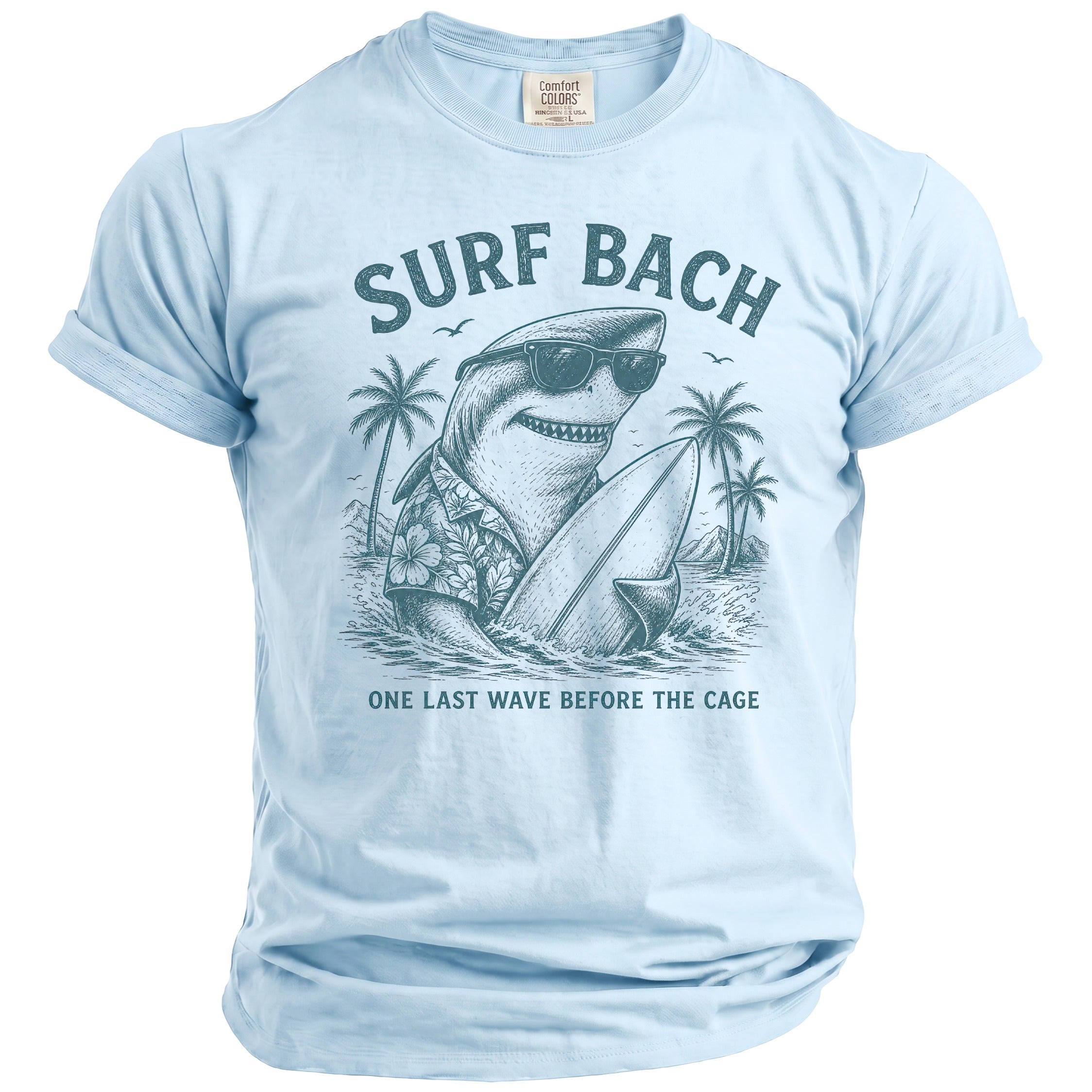 Light blue t-shirt with graphic of shark in sunglasses holding surfboard.