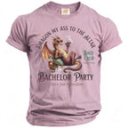 Dragon relaxes with cigar and drink on bachelor party t-shirt.