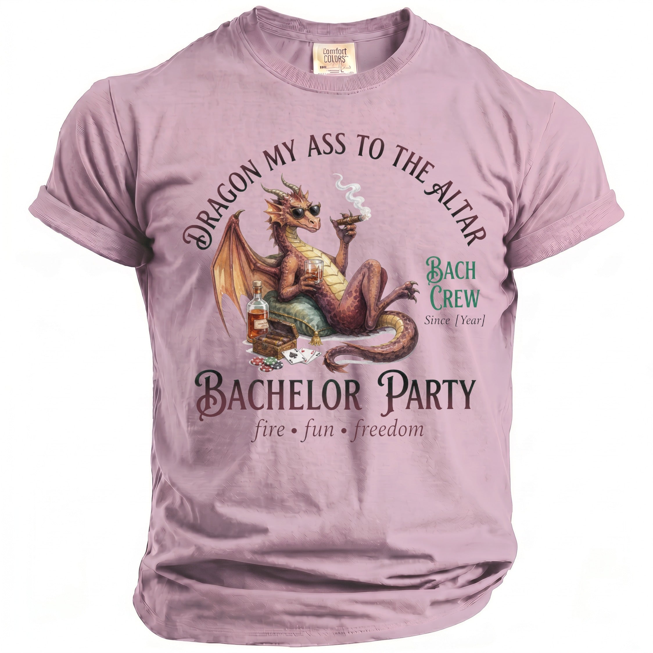 Dragon relaxes with cigar and drink on bachelor party t-shirt.