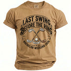 Tan Comfort Colors t-shirt with "Last Swing Before the Ring, Bachelor Weekend 2026" golf graphic.