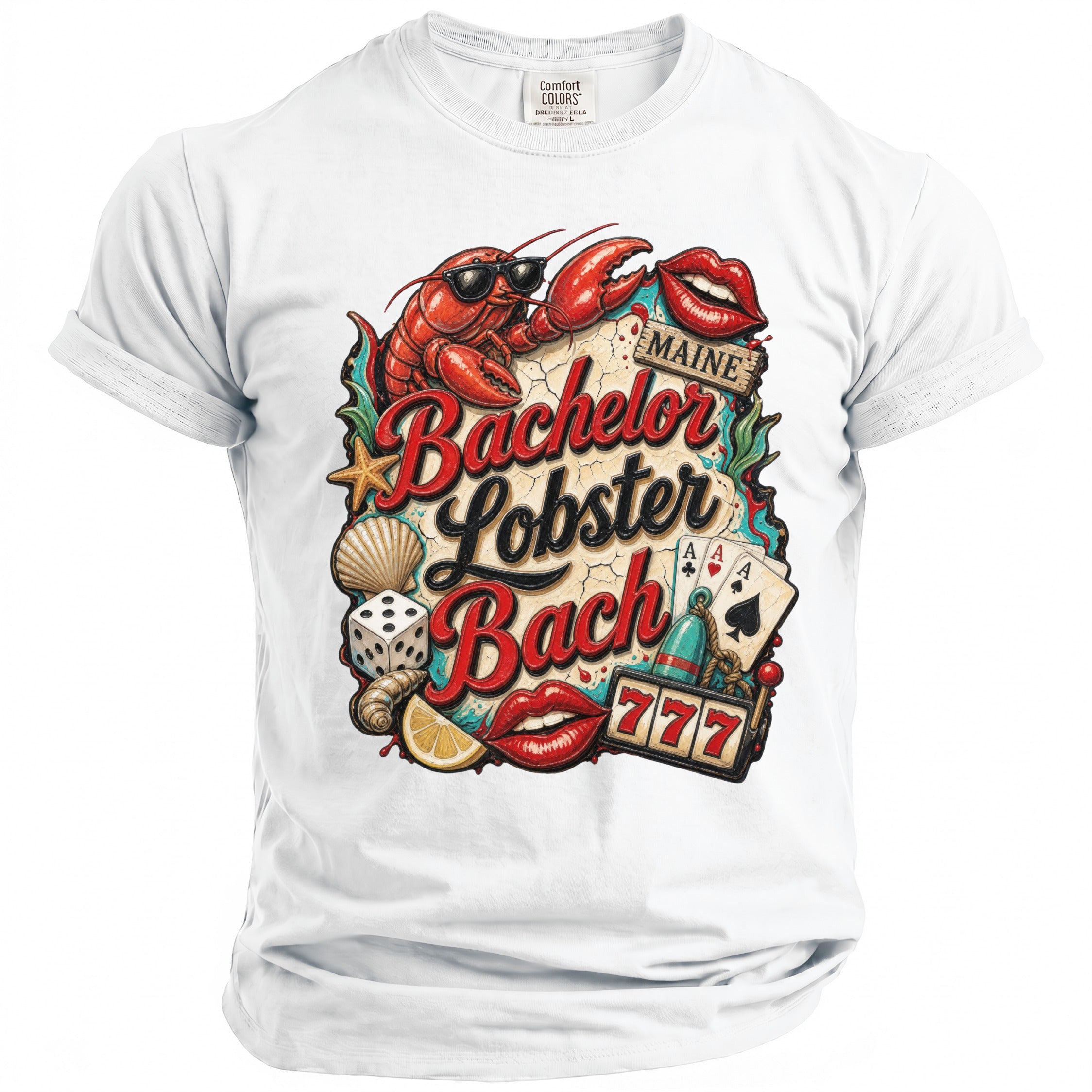 White t-shirt with "Bachelor Lobster Bach Maine" graphic featuring a lobster, dice, cards, and lips.