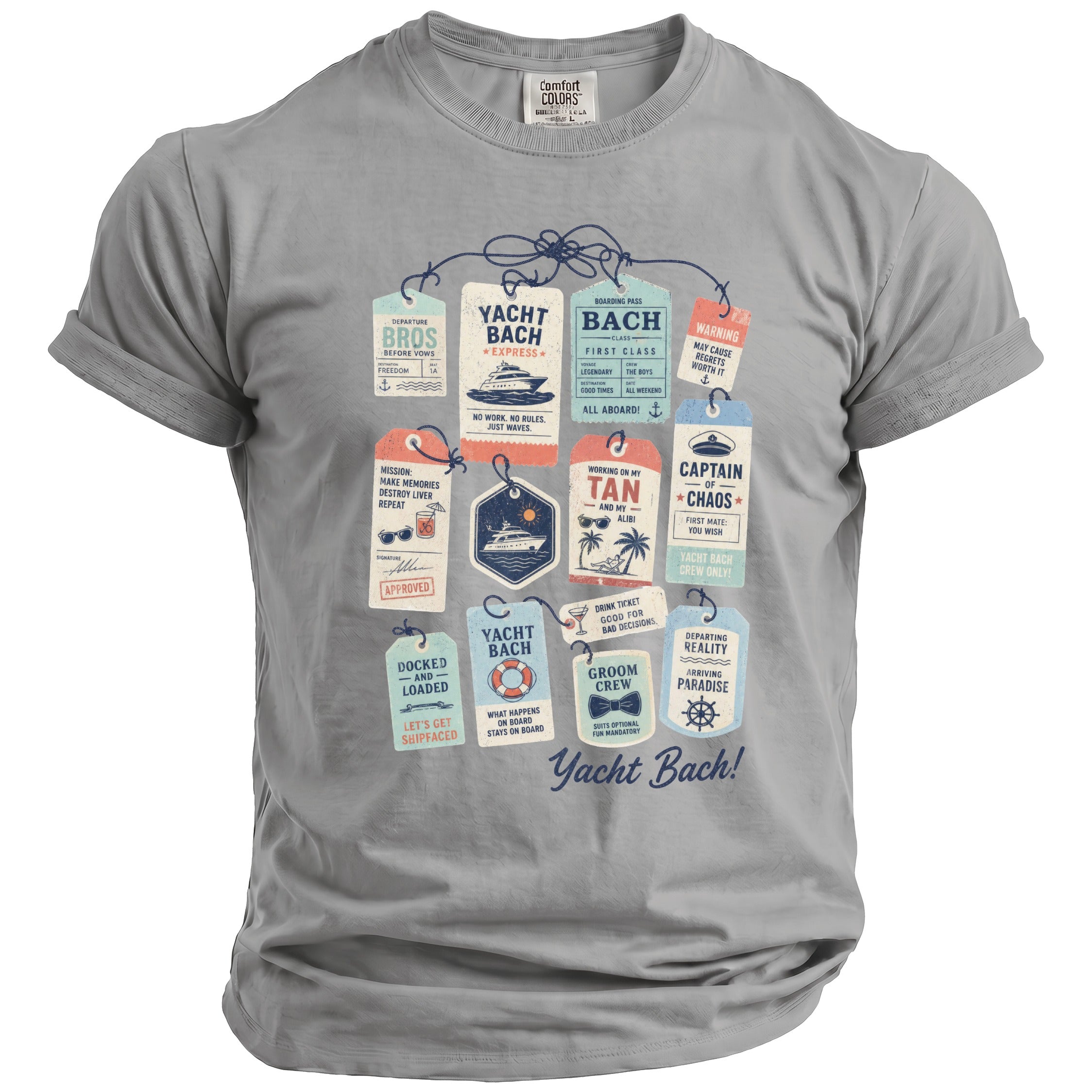 Grey t-shirt with a graphic of various nautical-themed tags and text "Yacht Bach!".