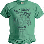 Green t-shirt with "Last Swing Before the Ring, Kenneth, Miami, FL Est. 2026" graphic.