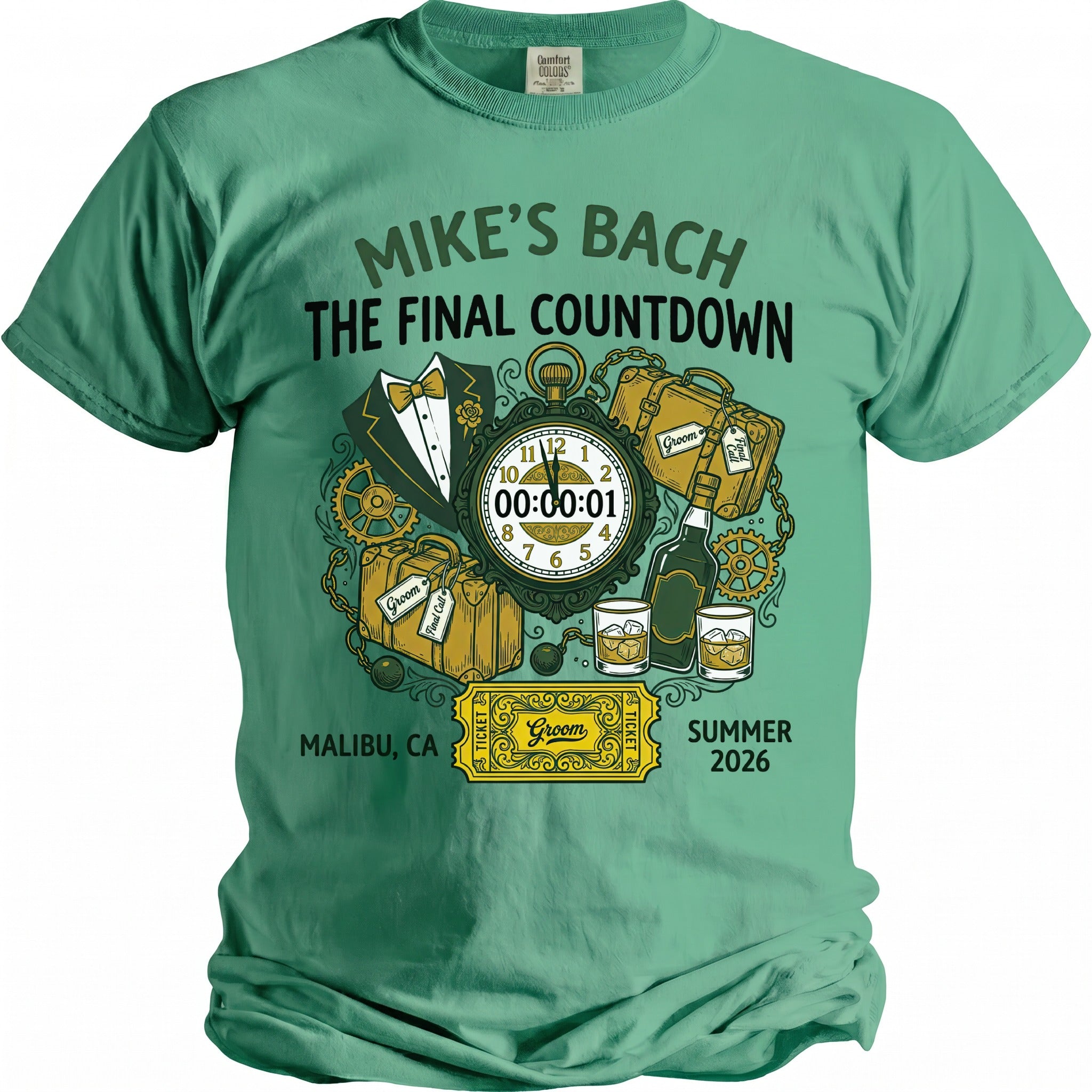 Green t-shirt with "Mike's Bach The Final Countdown" and bachelor party graphics.