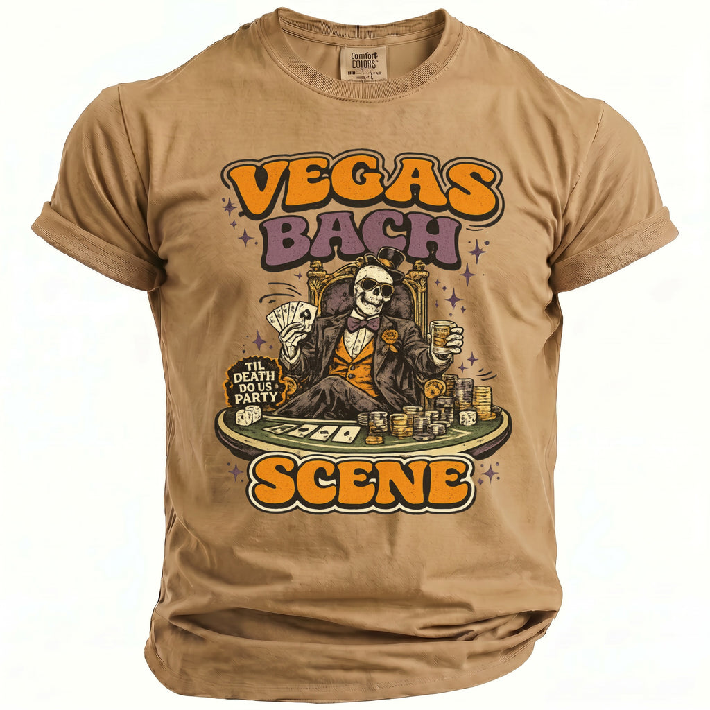 T-shirt with vintage Vegas Bach Scene graphic featuring skeleton gambler and playing cards.