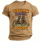 T-shirt with vintage Vegas Bach Scene graphic featuring skeleton gambler and playing cards.