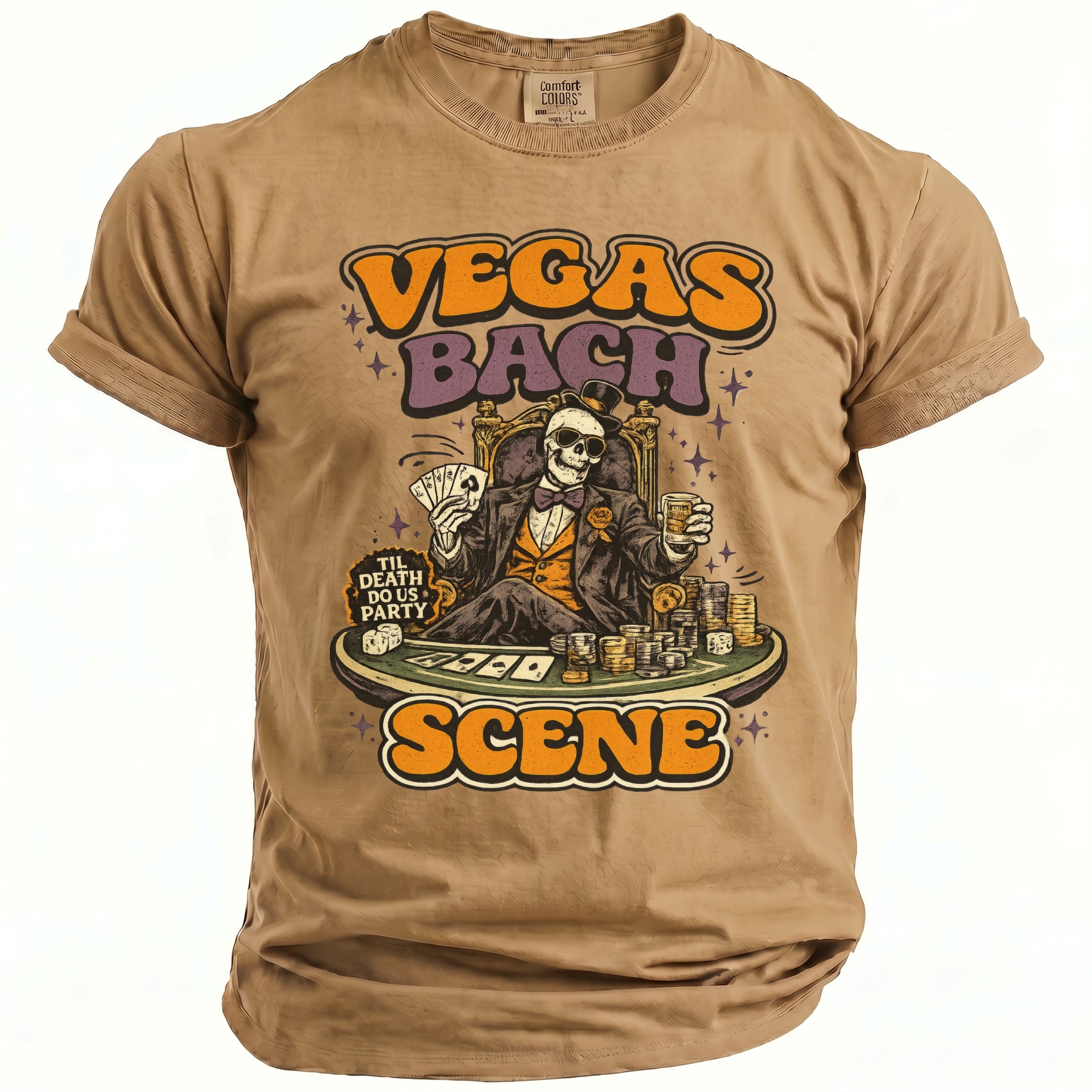 T-shirt with vintage Vegas Bach Scene graphic featuring skeleton gambler and playing cards.