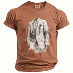 Brown t-shirt with graphic of a man's suit, "GENTLEMAN GROOM SUITS BEFORE VOWS" text.