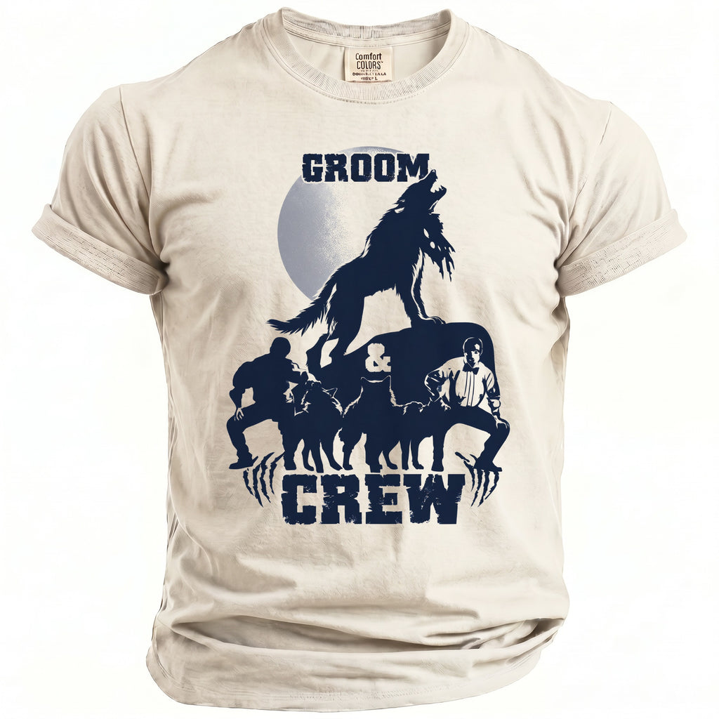 Groom Crew t-shirt with dark blue wolf graphic and moon.