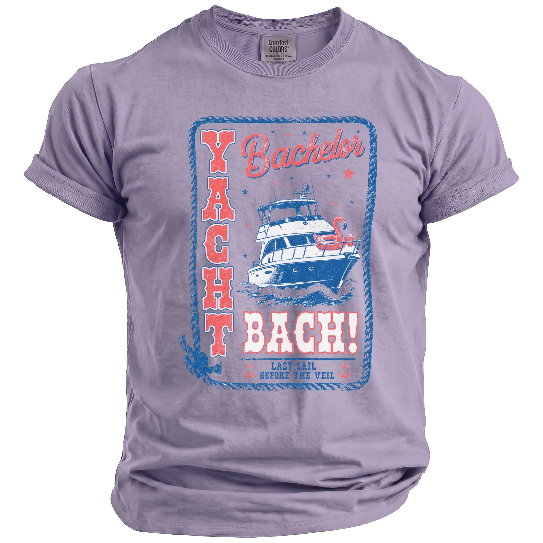 Light purple crew neck t-shirt featuring a retro graphic with a yacht and text reading Yacht Bach!